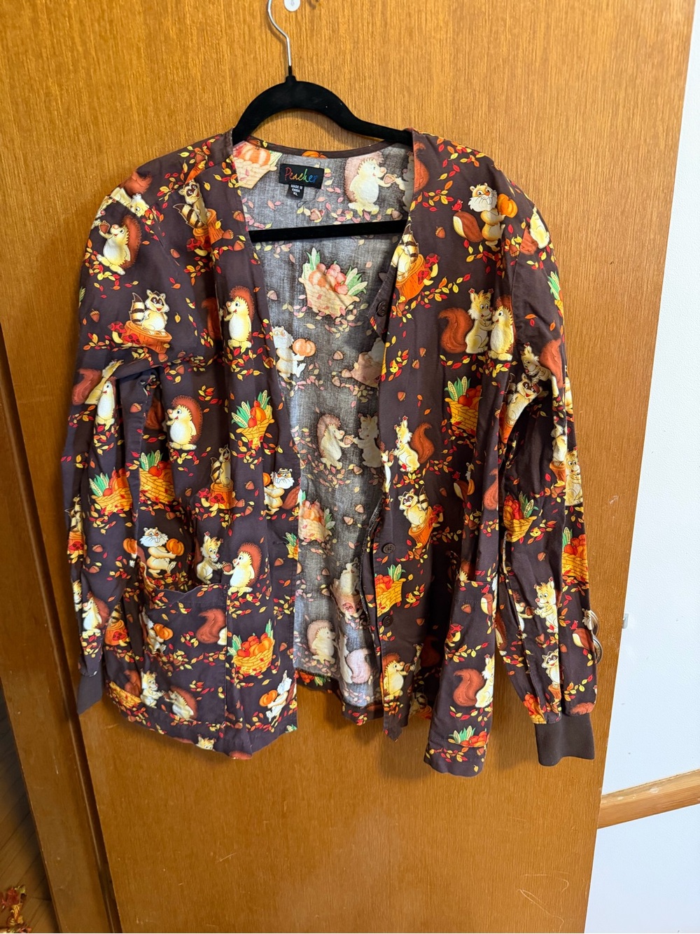 Peaches Uniforms Brown Cardigan with Orange, Cream & Green Fall Print
